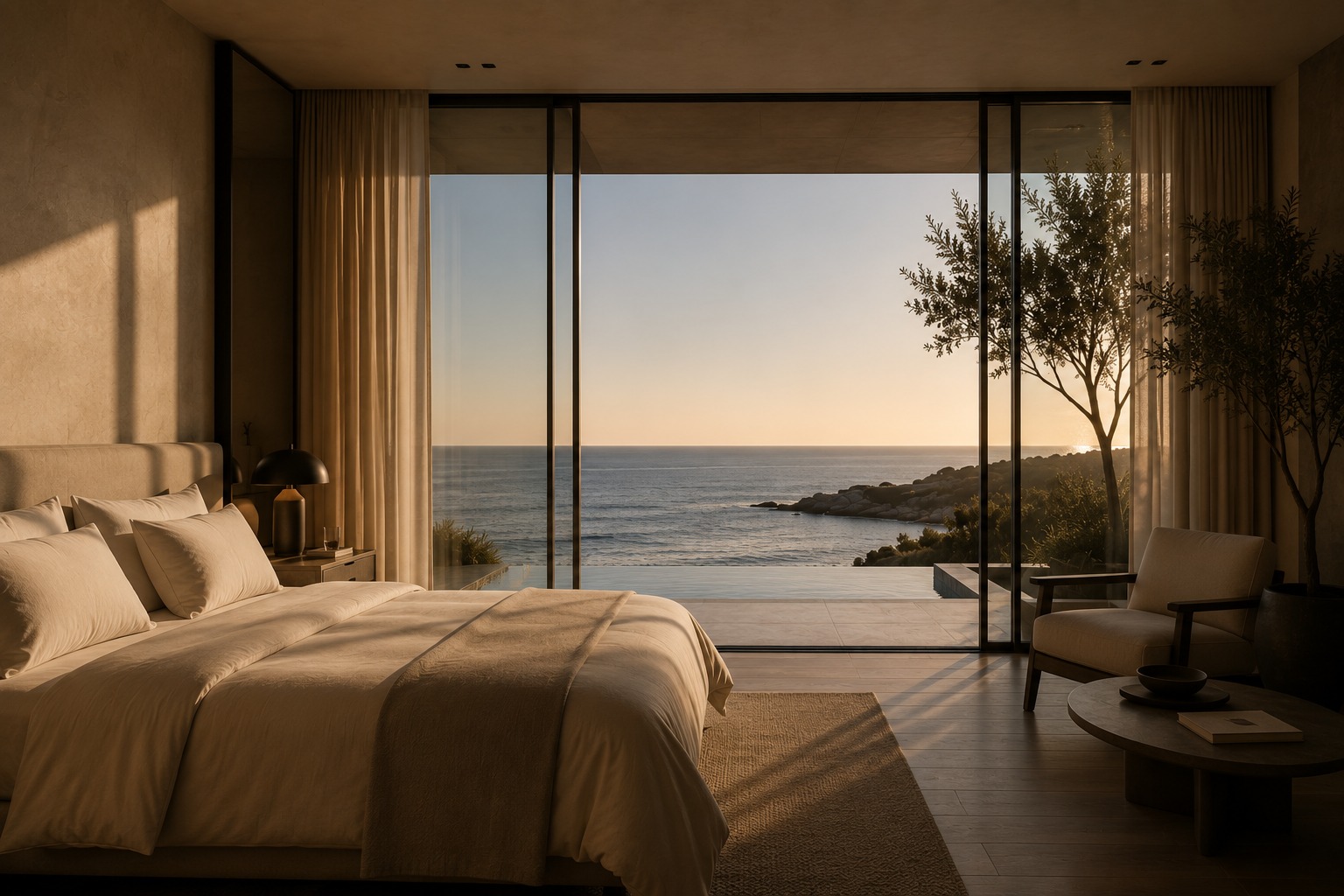 Luxury hotel bedroom with ocean view